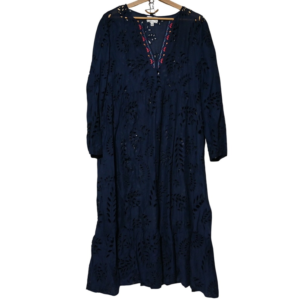 Johnny Was Jade Midi Dress Womens Cotton Silk Eyelet Embroidered L Navy Blue